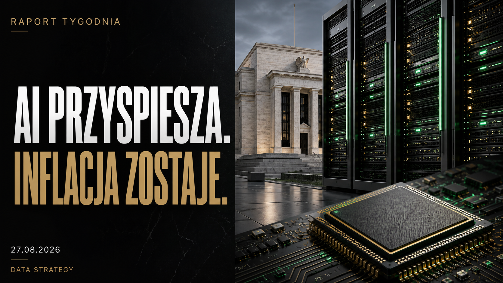 Centrum danych i układ obliczeniowy z pytaniem, czy firmowe wdrożenie AI naprawdę się zwraca